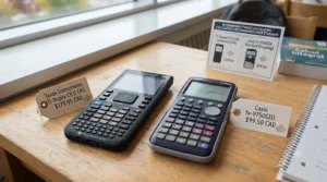 Infographic outlining retail pricing tiers in Canadian dollars (CAD) for Texas Instruments and Casio scientific calculators popular across Quebec CEGEPs.