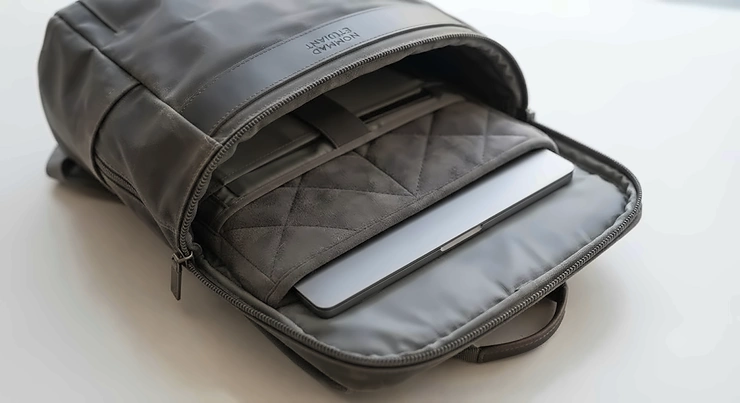 Durable grey laptop backpack for CEGEP commute on public transit in Canada, featuring a padded sleeve and weather-resistant material.