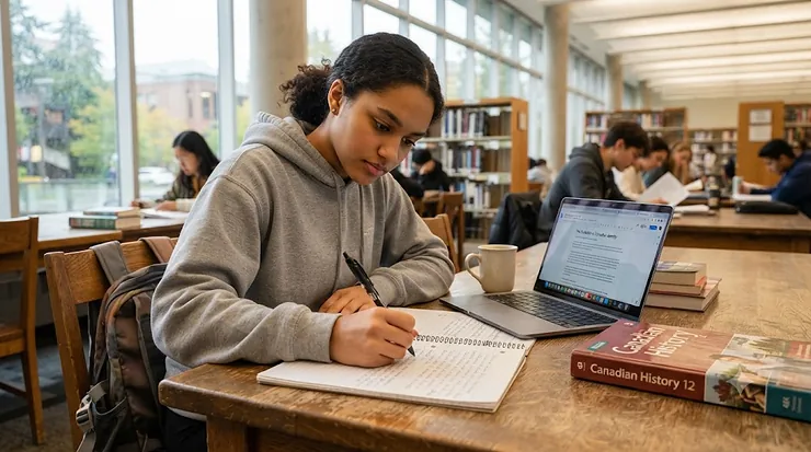 Student working on a high school essay in a Canadian library using a reliable, comfortable pen. pens for writing essays high school
