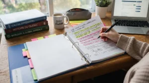Bilingual English and French course notes organized neatly inside a rings binder organization system for CEGEP note-taking.