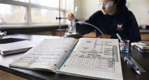 Lab notebook page showing bilingual English and French safety references for chemistry labs.