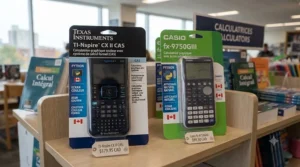 Texas Instruments and Casio calculator retail packaging featuring English and French text, found in Canadian campus bookstores for CEGEP students.