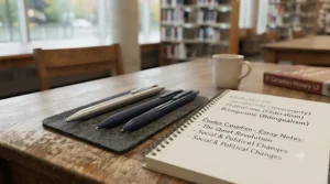 Pens and study materials used for bilingual high school assignments in Canada.