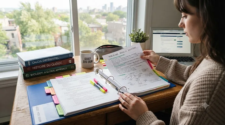 Comprehensive binder organization system for CEGEP note-taking on a wooden desk, featuring color-coded tabs for Canadian college courses.