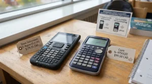 A checklist symbol resting next to approved Texas Instruments and Casio models meeting strict examination guidelines for Quebec CEGEP calculus courses.