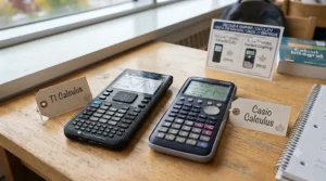 Screen simulation displaying complex calculus curves and derivative calculations on competing Texas Instruments and Casio models for advanced CEGEP calculus.
