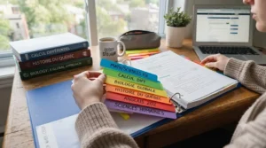 Color-coded dividers and tabs used in a binder organization system for CEGEP note-taking and class categorization.