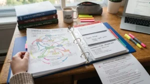 Final exam review sheets and summary flashcards organized inside a binder organization system for CEGEP note-taking.