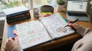 Detailed mind maps and study charts stored securely within a binder organization system for CEGEP note-taking.