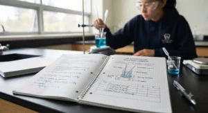 Close-up of grid paper layout in a chemistry lab notebook for Canadian students.