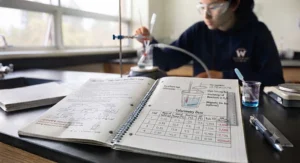 Science notes and molecular diagrams written neatly in a chemistry lab notebook.