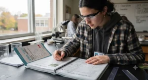 Durable spiral binding on a waterproof lab notebook, designed for busy Canadian high school classrooms. Reliure robuste pour carnet de laboratoire.