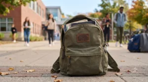 Heavy-duty canvas backpack designed to withstand the wear and tear of Canadian student life.