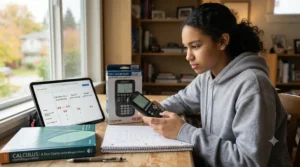 Sturdy graphing calculator under $150 CAD with a protective slide-on hard case built to withstand daily use in a Canadian student backpack.