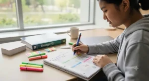 Student organizing notes using essential study tools for high school students in Canada.
