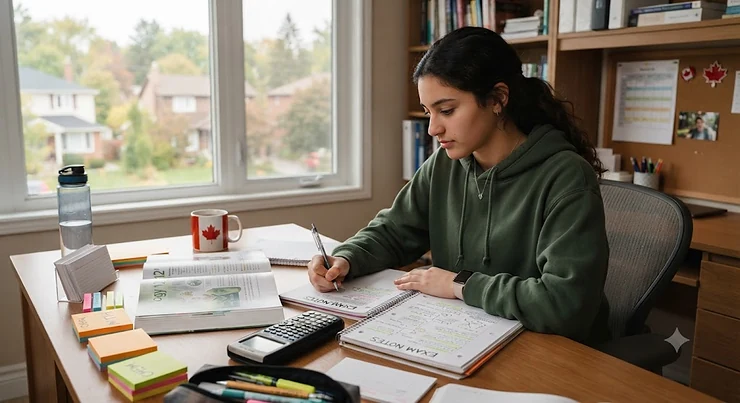 Student studying at desk with high school exam prep supplies and organized notes. exam prep supplies for high school students