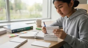 Hands using physical and digital flashcards as helpful study tools for high school students.