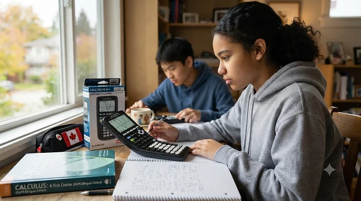A reliable graphing calculator under $150 CAD displayed on a Canadian student's desk next to math notebooks and a stylus.