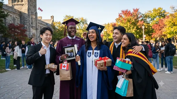 Diverse Canadian students celebrating high school graduation with gifts on a sunny campus.