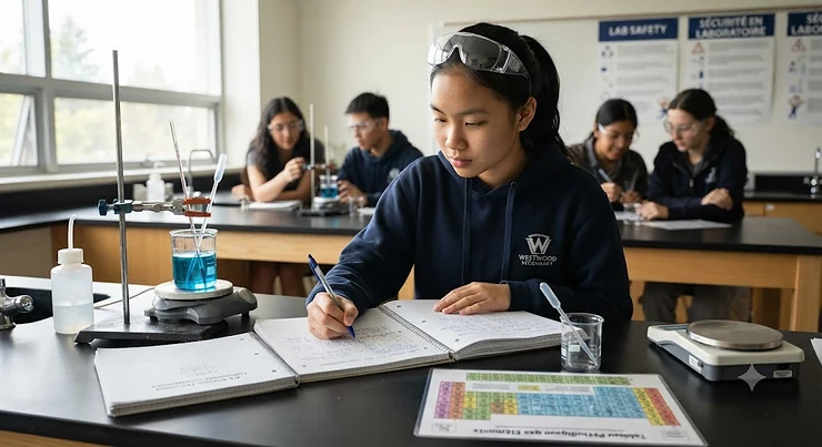 A student using a high-quality lab notebook for a high school chemistry experiment in a Canadian science classroom.