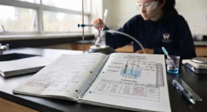 Essential lab notebook featuring a secure pen holder for secondary chemistry students.