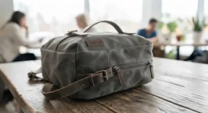 Reinforced side mesh pocket holding a reusable water bottle on a functional laptop backpack for CEGEP commute.