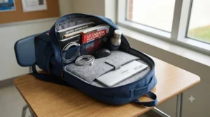 High school backpack interior showing a protective padded laptop sleeve for digital learning.