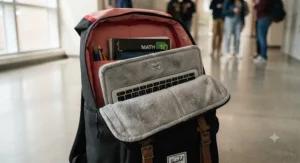 Padded laptop sleeve inside a backpack, highlighting key protection features for student technology.