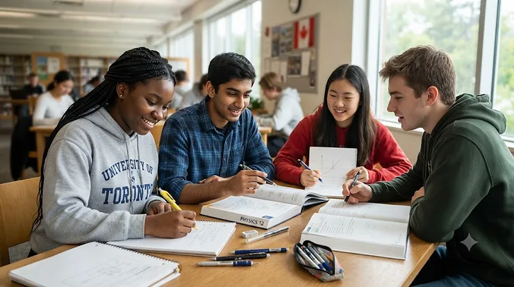 Diverse high school students using mechanical pencils during a math class in Canada.