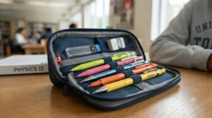 Set of colourful mechanical pencils for high school students stored inside a pencil case.