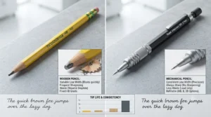 Comparison chart showing benefits of mechanical pencils for high school students over wood pencils.