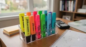 Set of multi-coloured highlighters for effective textbook study notes.