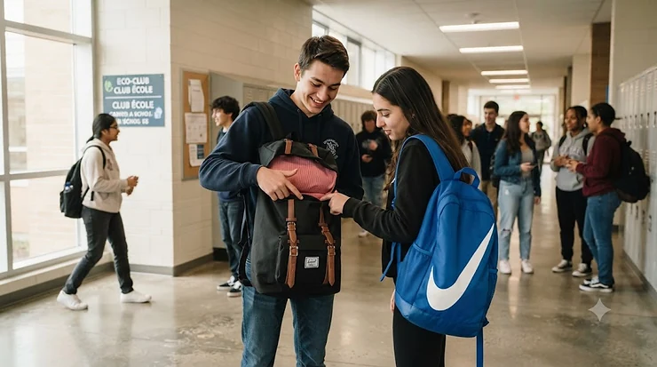 Student wearing a backpack comparing Nike and Herschel school bag features in a Canadian high school hallway. Nike vs Herschel backpack for high school