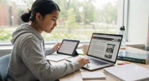 Student conducting research for a project using reliable online study tools.