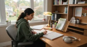 Comfortable, quiet study corner with stationery essentials for focused exam prep.