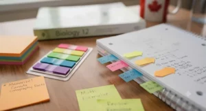 Colourful sticky notes and index tabs for marking key chapters in study guides.