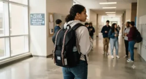 High school student wearing a well-fitted backpack to prevent strain, demonstrating proper carry techniques.