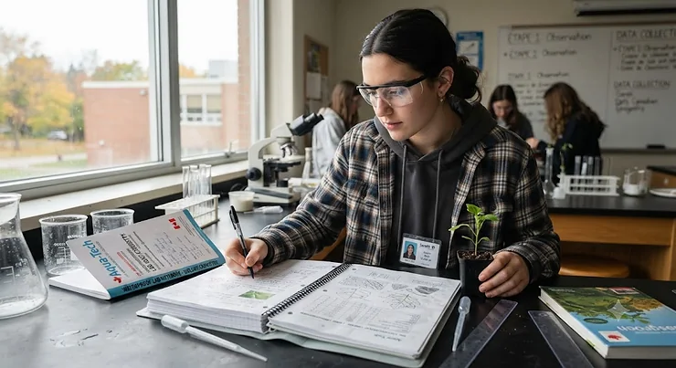 High school student using a waterproof lab notebook for outdoor science field work. Étudiant utilisant un carnet de laboratoire résistant à l'eau. Waterproof lab notebook for high school students