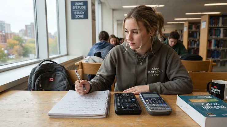 Flat lay comparison of Texas Instruments and Casio graphing calculators side-by-side on a wooden desk with Canadian college math notes, ideal for students choosing between models for CEGEP math courses. Texas Instruments vs Casio calculator for CEGEP math courses