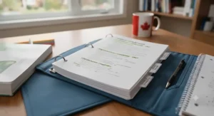 Three-ring binder with dividers for organized high school exam study materials.