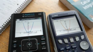 Close-up screen comparison showing Texas Instruments Natural Textbook Display versus Casio display features for solving linear algebra problems in CEGEP math courses.