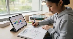 A student planning a busy school week using a digital calendar and study tools.