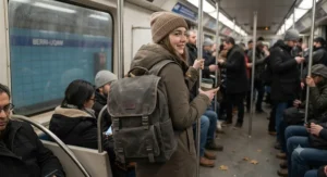 Water-resistant fabric protecting a laptop backpack for CEGEP commute during unpredictable Canadian rain and winter snowstorms.