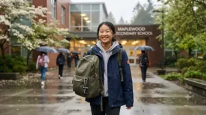 A waterproof student backpack perfect for navigating rainy Canadian school mornings.