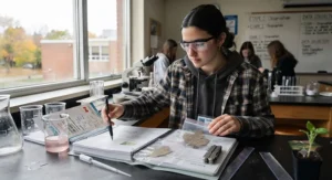 Canadian high school science classroom with students using waterproof lab notebooks. Salle de classe de sciences utilisant des carnets de laboratoire.