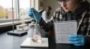 Student recording chemistry experiment data in a waterproof lab notebook. Prise de notes d'expériences en chimie dans un carnet étanche.