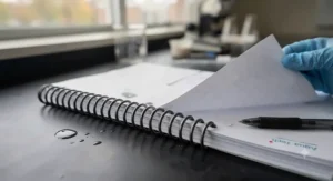 Demonstration of a waterproof lab notebook page holding up against water spills. Test de résistance à l'eau pour carnet de laboratoire.