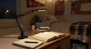 An adjustable-arm desk lamp providing focused lighting for late-night studying in a small university residence room.