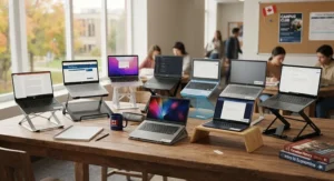 Various affordable laptop stand models arranged on a table for university students looking for ergonomic study solutions.