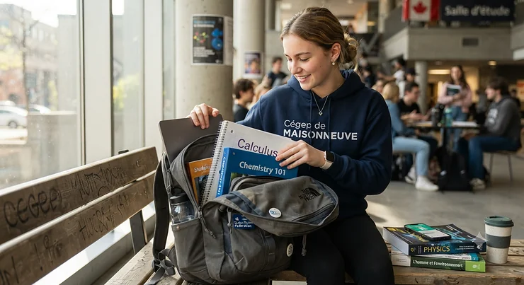 A CEGEP student in Quebec organizing study materials inside a durable backpack. backpack for CEGEP students